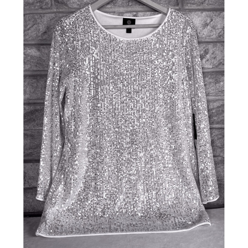 JM Collection Silver Sequin Tunic Top Womens Medium Long Sleeve Party Blouse